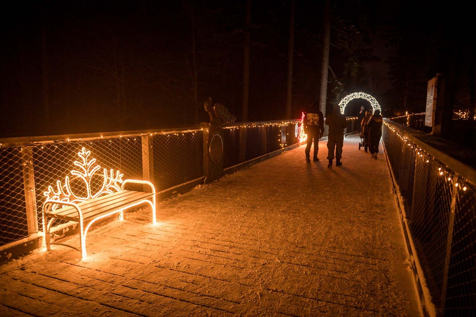 Izgaismots gājēju tilts un dekoratīvs soliņš parkā ziemas vakarā